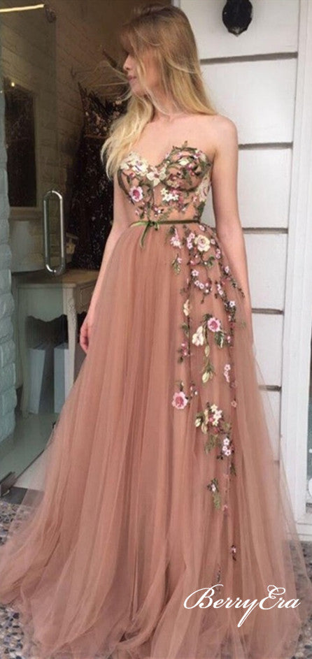 Sweetheart Long A-line Tulle Appliques Long Prom Dresses, Newest Prom Dresses
