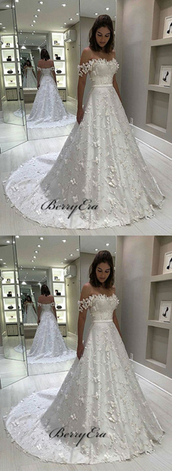 A-line Elegant Lace Applique Wedding Dresses, Popular Off Shoulder Wedding Dresses 2019