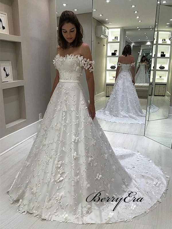 A-line Elegant Lace Applique Wedding Dresses, Popular Off Shoulder Wedding Dresses 2019