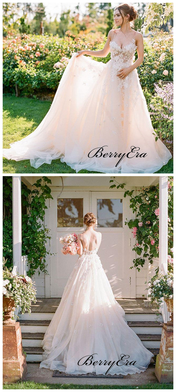 Spaghetti Straps Appliques Wedding Dresses, A-line Tulle Wedding Dresses