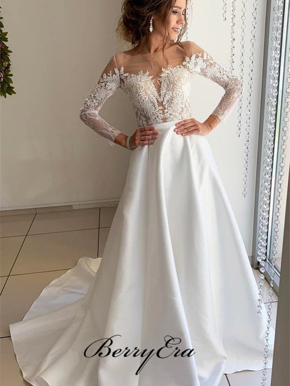 Illusion Long Sleeves Lace Top A-line Satin Wedding Dresses, Bridal Gown