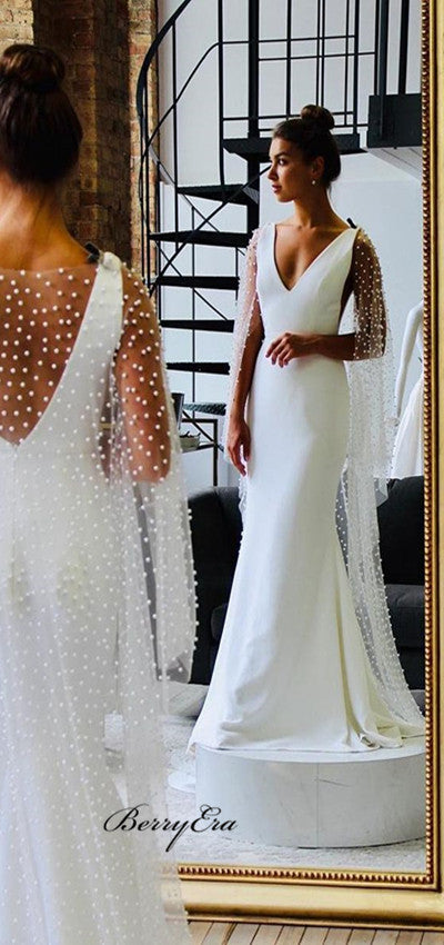 Elegant Long Mermaid Fitted Long Wedding Dresses With Pearl Cloak