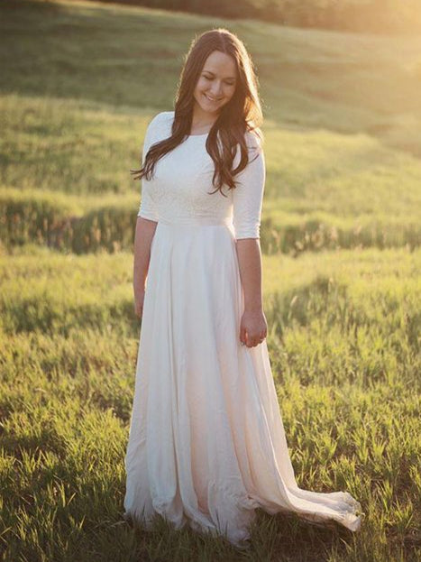 Half Sleeves Lace Top Chiffon Skirt Long Country Wedding Dresses