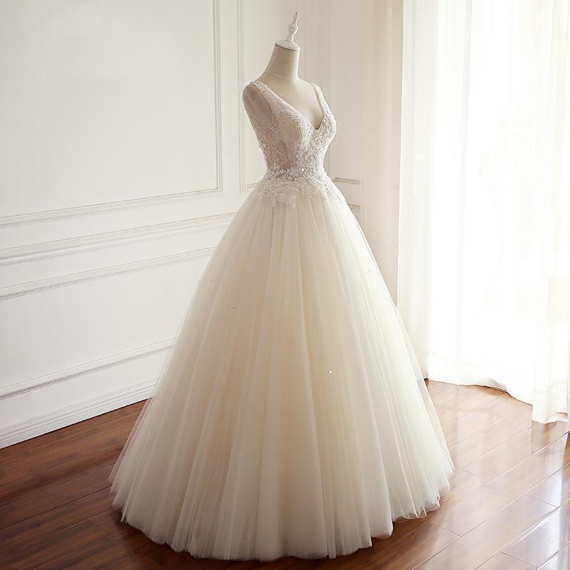 V-neck Lace Beaded Long A-line Tulle Wedding Dresses