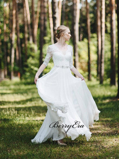 Half Sleeves Lace Chiffon Country Wedding Dresses