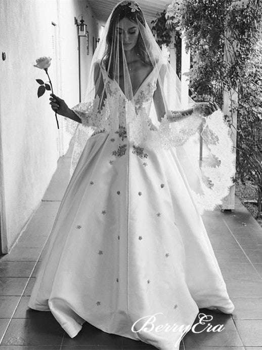V-neck Long Train Lace Beaded Elegant Satin Wedding Dresses