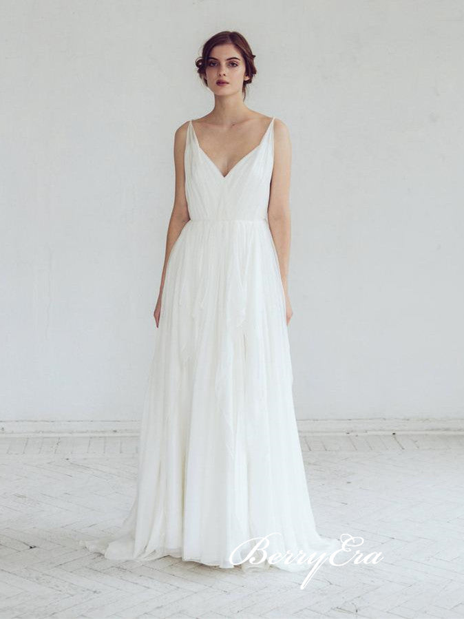 V-neck A-line Long Ivory Chiffon Lace Wedding Dresses