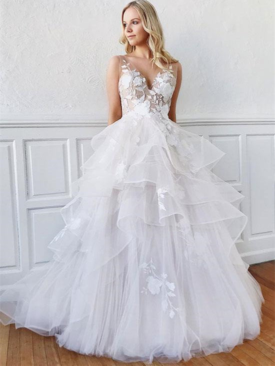 V-neck Lace Tulle Fluffy Long Wedding Dresses, Lovely Wedding Dresses