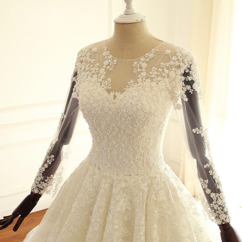 Luxury Long Sleeves Lace Appliques Tulle Wedding Dresses