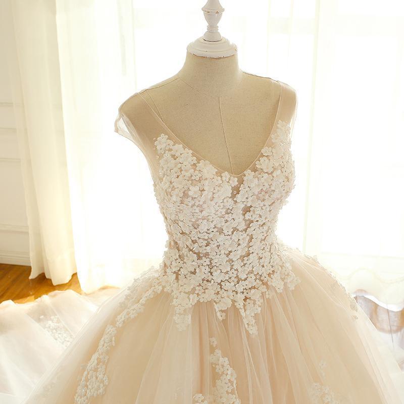 V-neck Lace Tulle Wedding Dresses, Appliques Bridal Gown