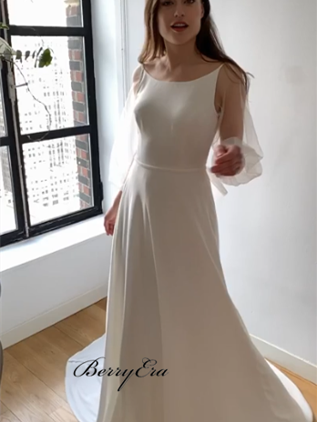 Simple Elegant Chiffon Tulle Long Wedding Dresses, Bridal Gown