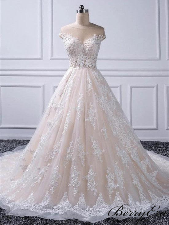 Illusion Long A-line Lace Tulle Wedding Dresses, Elegant Wedding Dresses, Bridal Gown