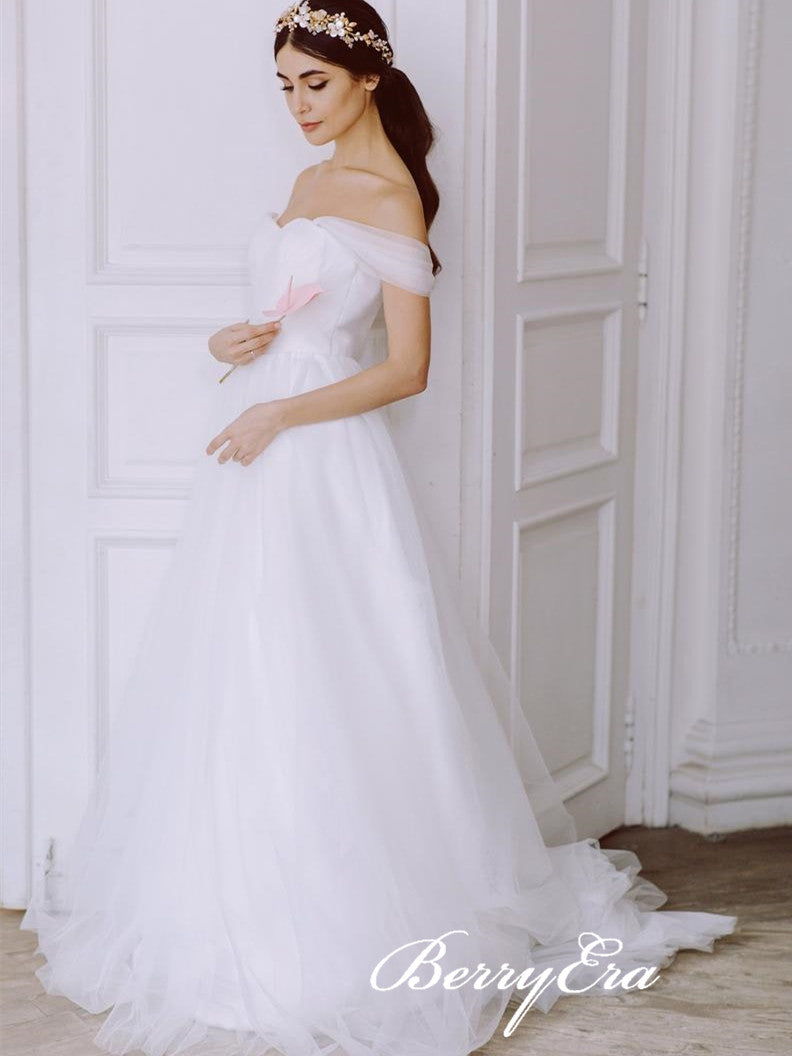 White Long Tulle Wedding Dresses, Off Shoulder Long Wedding Dresses, A-line Simple Wedding Dresses