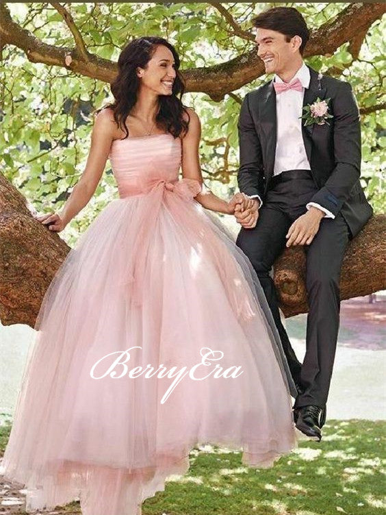 Strapless Pink Tulle A-line Princess Wedding Dresses, Bridal Gown
