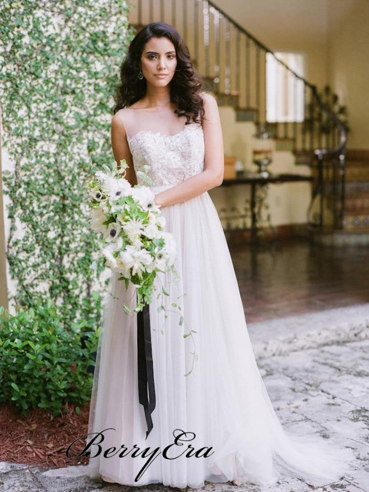 See Through Lace Top A-line Tulle Wedding Dresses, Bridal Gown