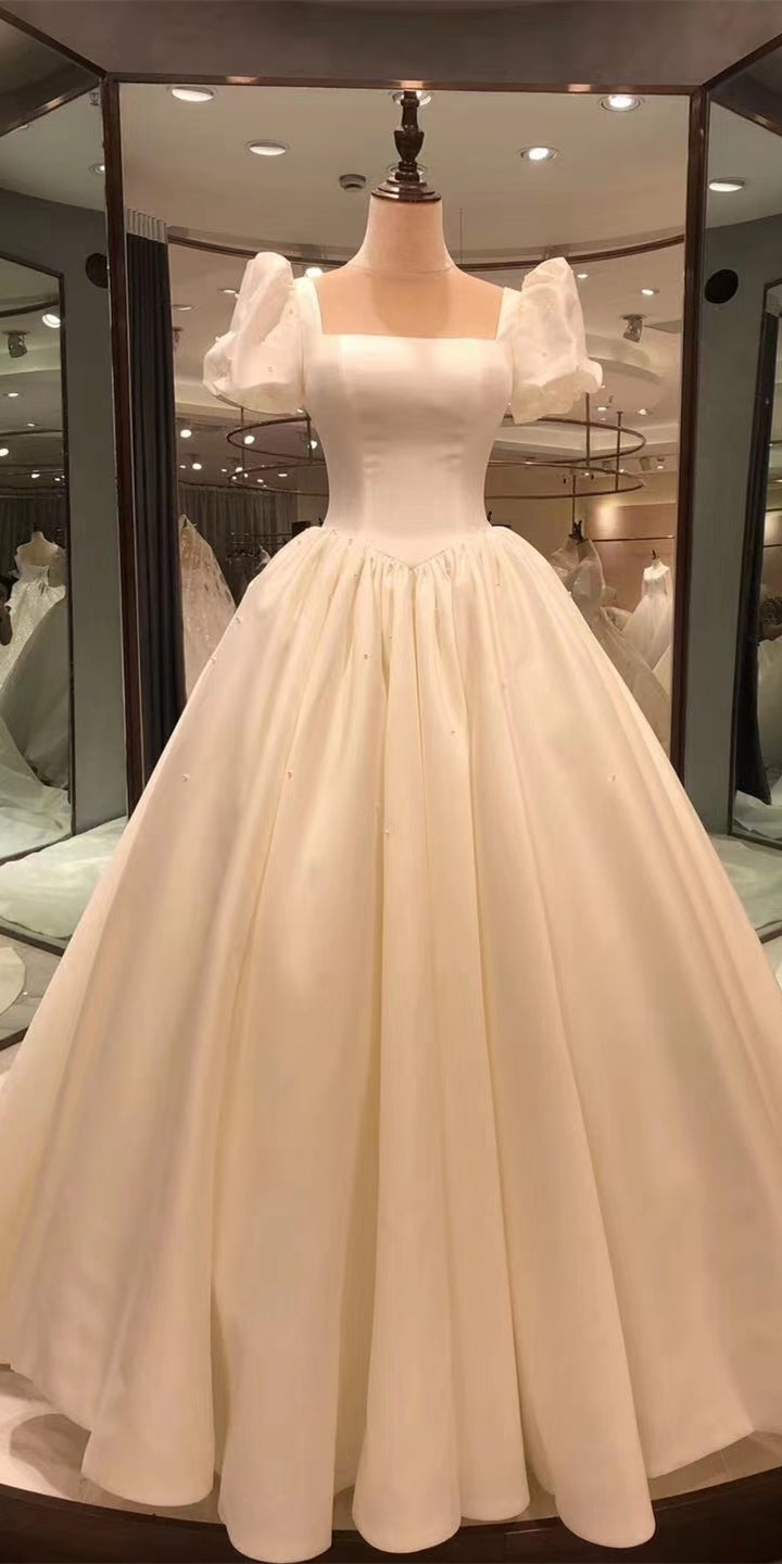 Spauare Neckline Bubble Sleeves Satin Wedding Dresses, Vintage Wedding Dresses, Bridal Gown