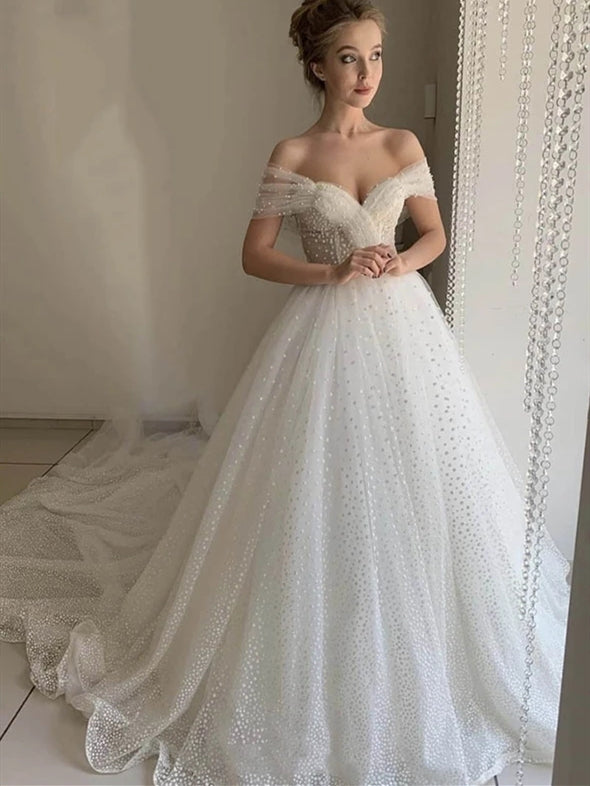 Off Shoulder Long A-line Sequin Tulle Wedding Dresses, Lovely Wedding Dresses, Bridal Gown