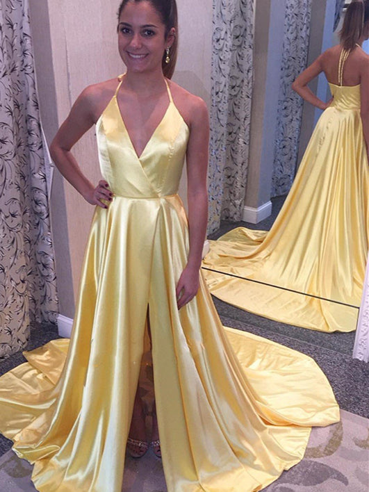 V-neck Yellow Prom Dresses, Side Slit Prom Dresses, Popular Satin Prom Dresses