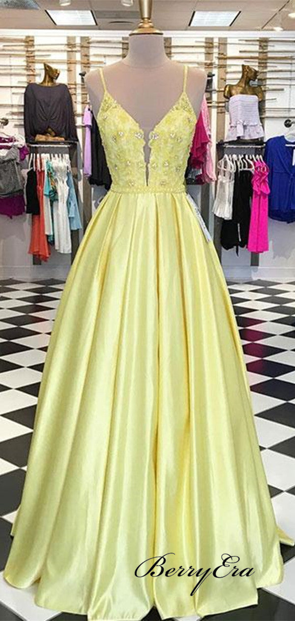 Rhinestones A-line Prom Dresses, Straps Prom Dresses, Stain Long Prom Dresses