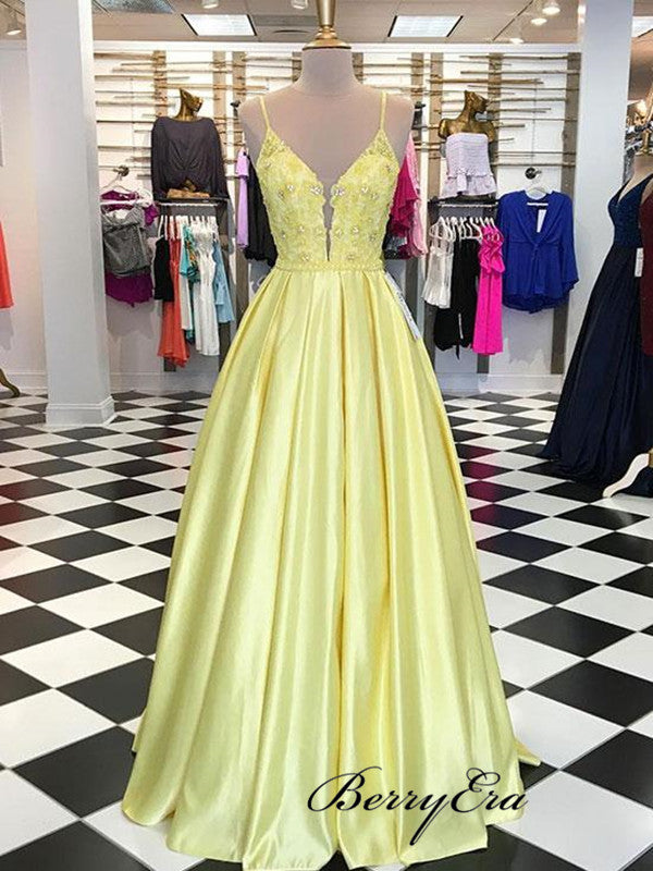 Rhinestones A-line Prom Dresses, Straps Prom Dresses, Stain Long Prom Dresses