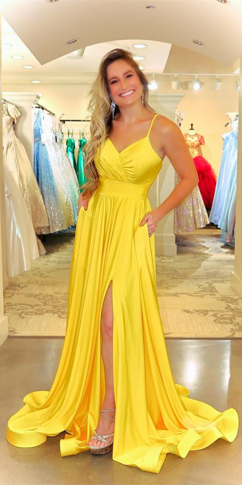 Spaghetti Long A-line Yellow Elastic Satin Prom Dresses, Simple 2021 Prom Dresses, Popular Prom Dresses